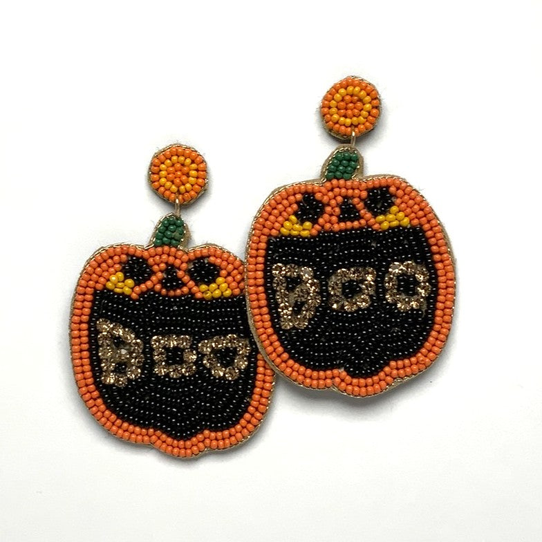 Beaded Pumpkin Boo Earrings