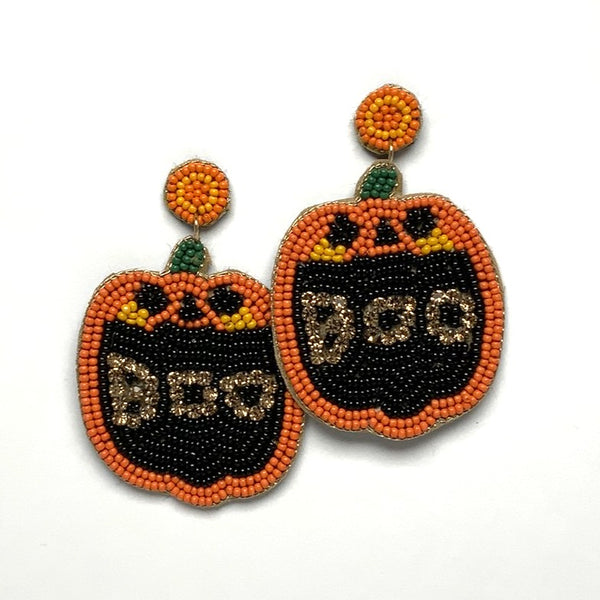 Beaded Pumpkin Boo Earrings