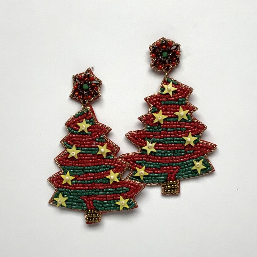 Beaded Decorated Christmas Tree Earrings
