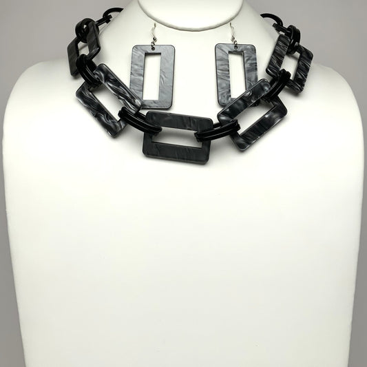 Short Lucite/Acrylic Marble Print Rectangle Chain Link Necklace Set