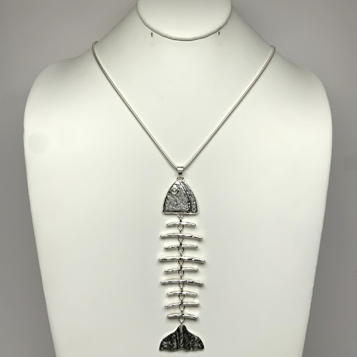 Long Metal Hammered Bone FIsh Necklace