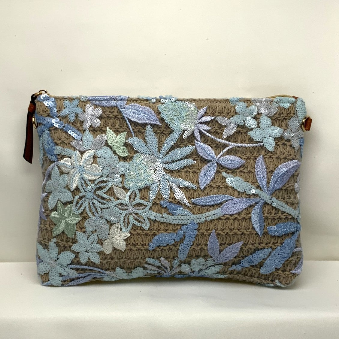 Sequins Flower Design Straw Mesh Bag