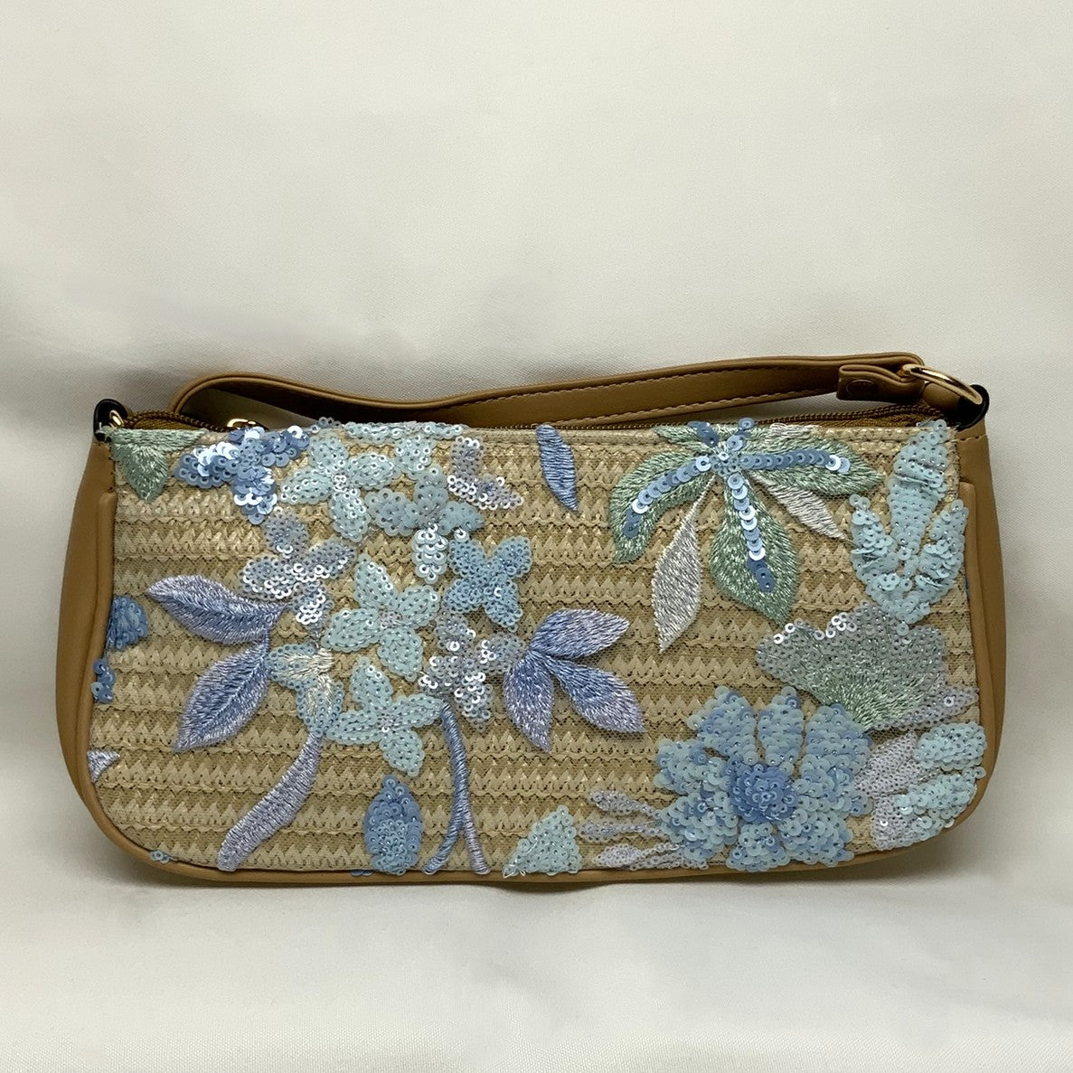 Blue Sequined Straw Pouch