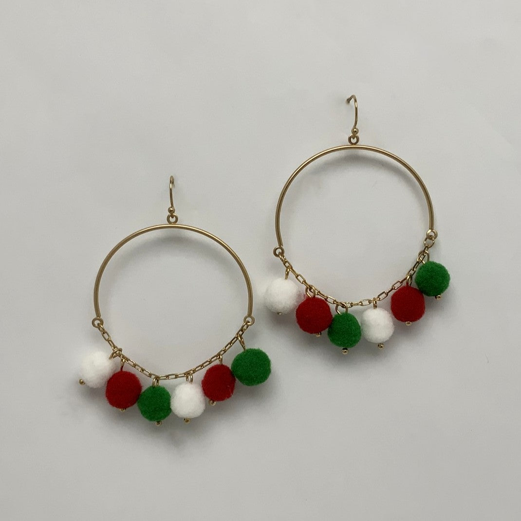 Dangling Puff Ball Christmas Earrings