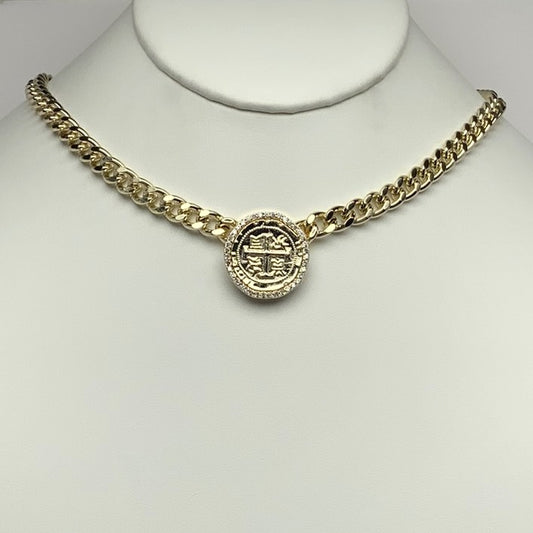 Chunky Chain CZ Cross Coin-like Necklace
