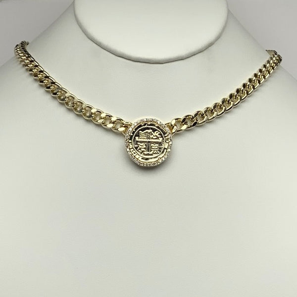 Chunky Chain CZ Cross Coin-like Necklace