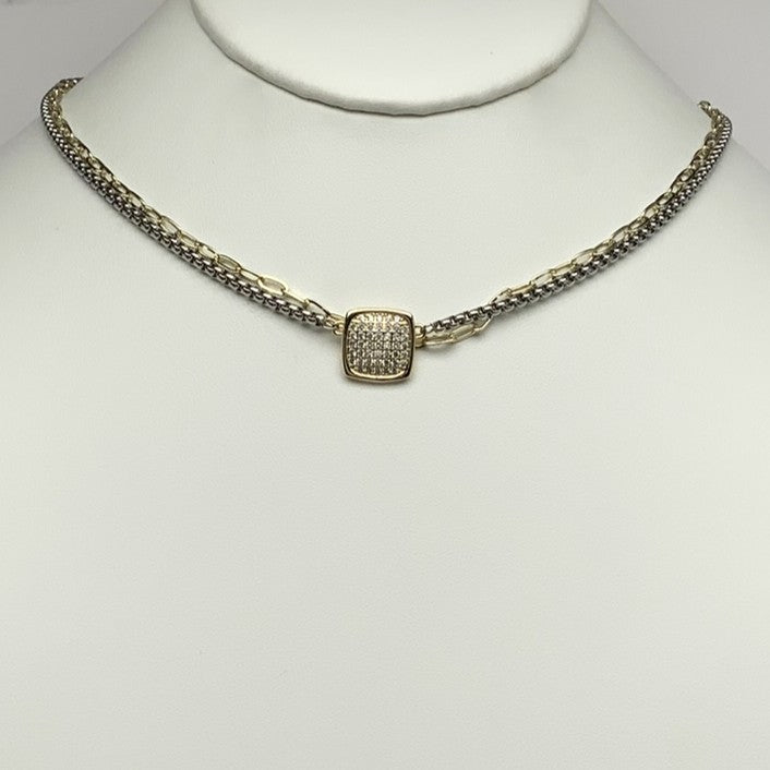 Layered Snake Chain Square CZ Necklace