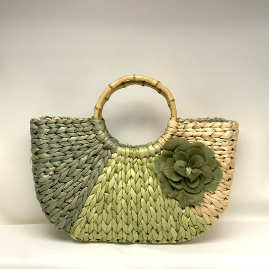 Braided Twine Flower Bamboo Handle Handbag