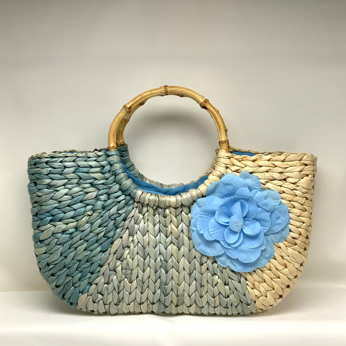 Braided Twine Flower Bamboo Handle Handbag