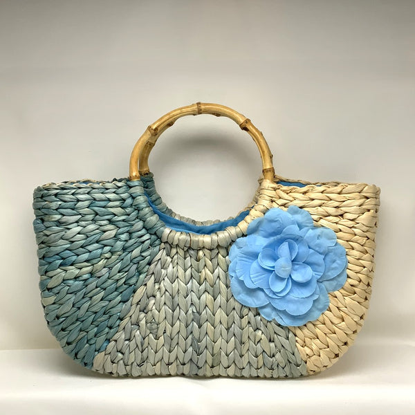 Braided Twine Flower Bamboo Handle Handbag