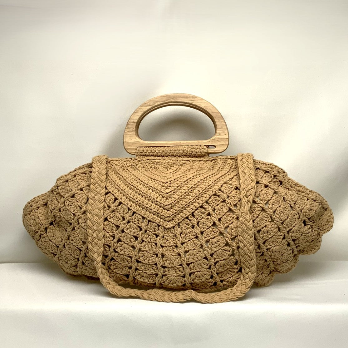 Crochet Design Wooden Handle with Strap Handbag (AC-14)