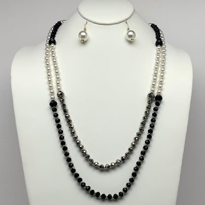 Long Pearl and Crystal Necklace Set