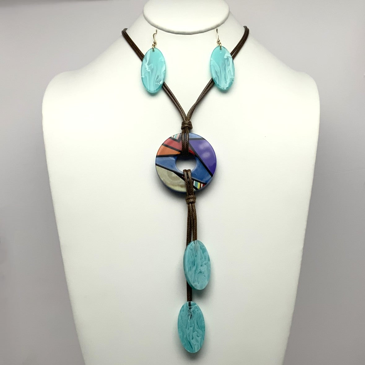 Long Cord Circle Oval Lucite Necklace Set