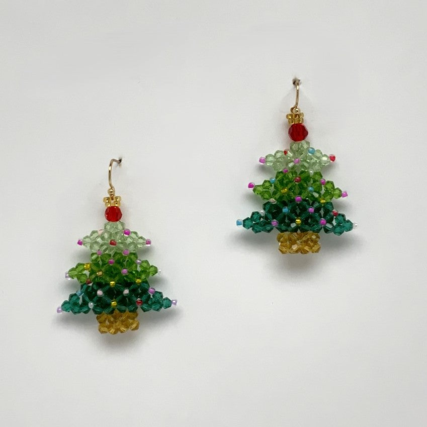 Clear Color Beaded Christmas Tree Earrings