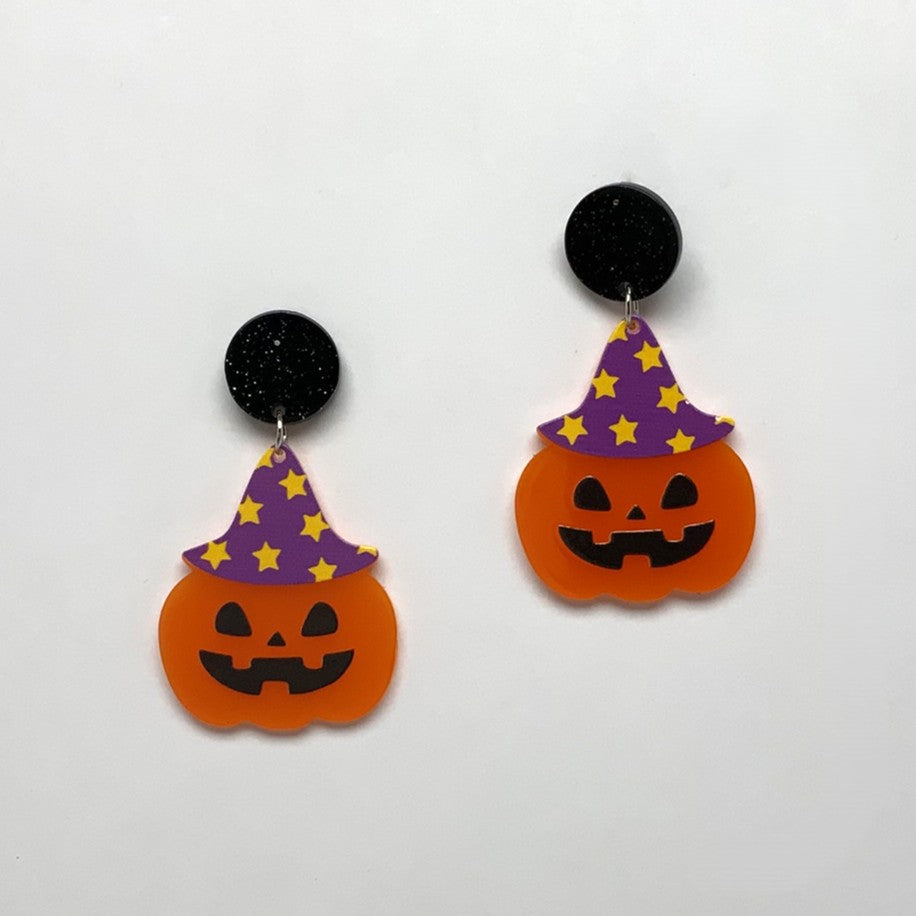 Lucite Jack O Lantern Witch Earrings