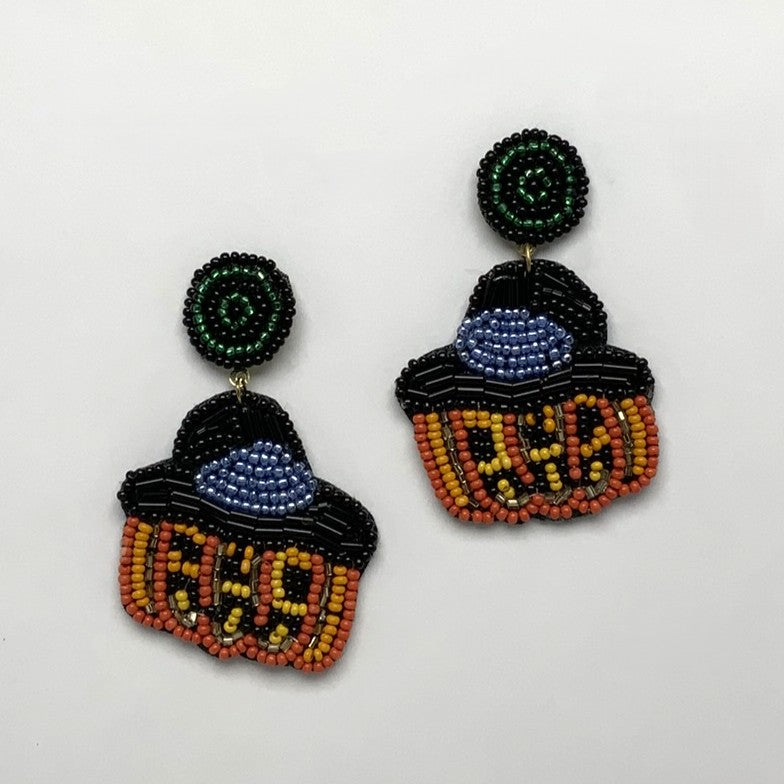 Beaded Jack O Lantern Witch Earrings