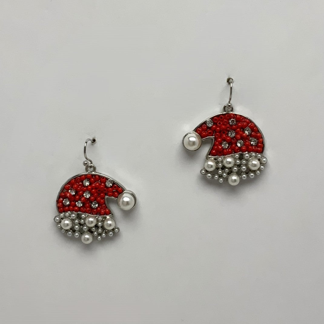 Crystal Pearl Santa Hat Earrings