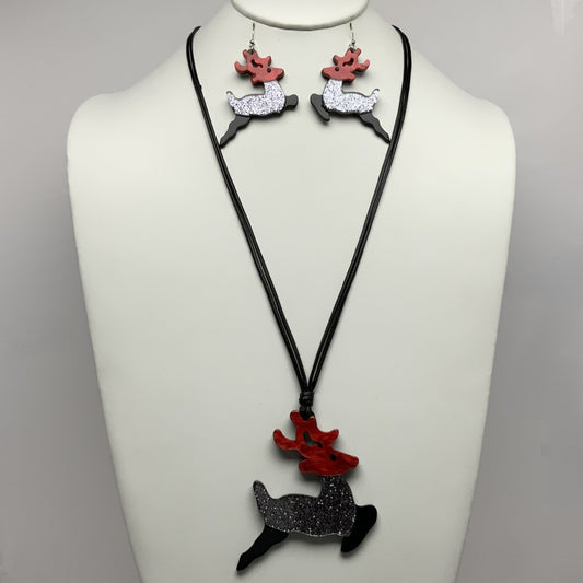 Lucite Reindeer Cord Necklace Set