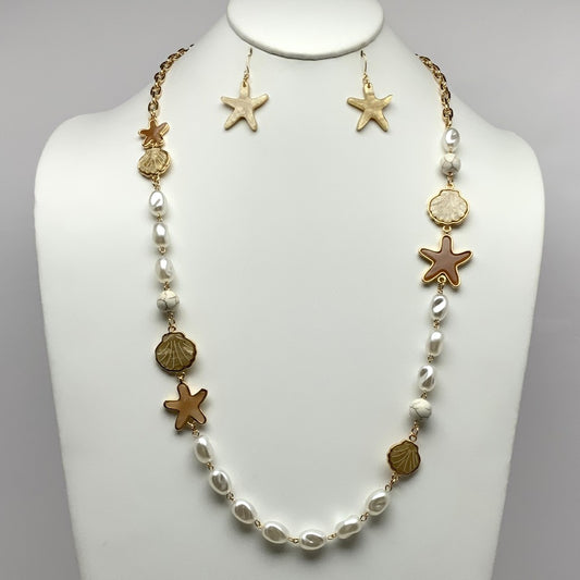 Long Pearl and Metal Necklace Set with Glassy Lucite Starfish and Shell Spacers