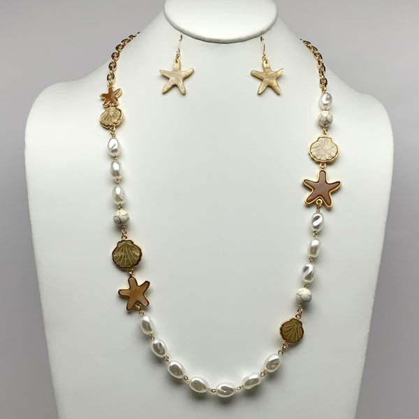 Long Pearl and Metal Necklace Set with Glassy Lucite Starfish and Shell Spacers