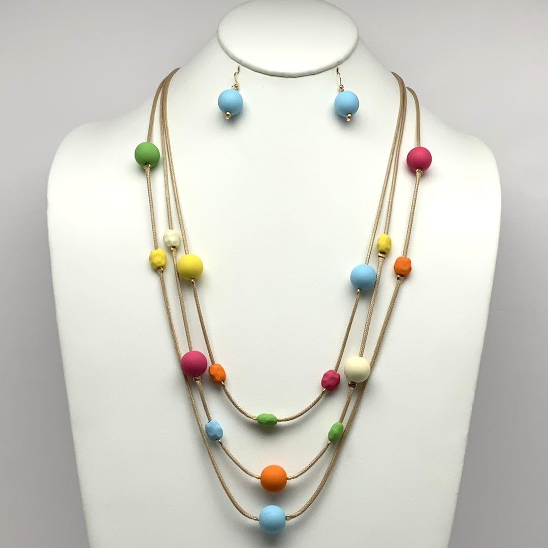 Long Three Strand Cords with Colorful Rubber Coated Beads Spacers Necklace Set