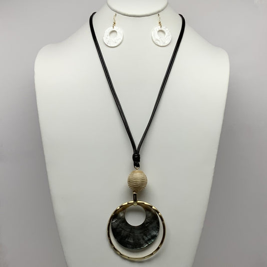 Long Double Vinyl Cords with Straw Ball and Abalone Shell Pendant Necklace Set