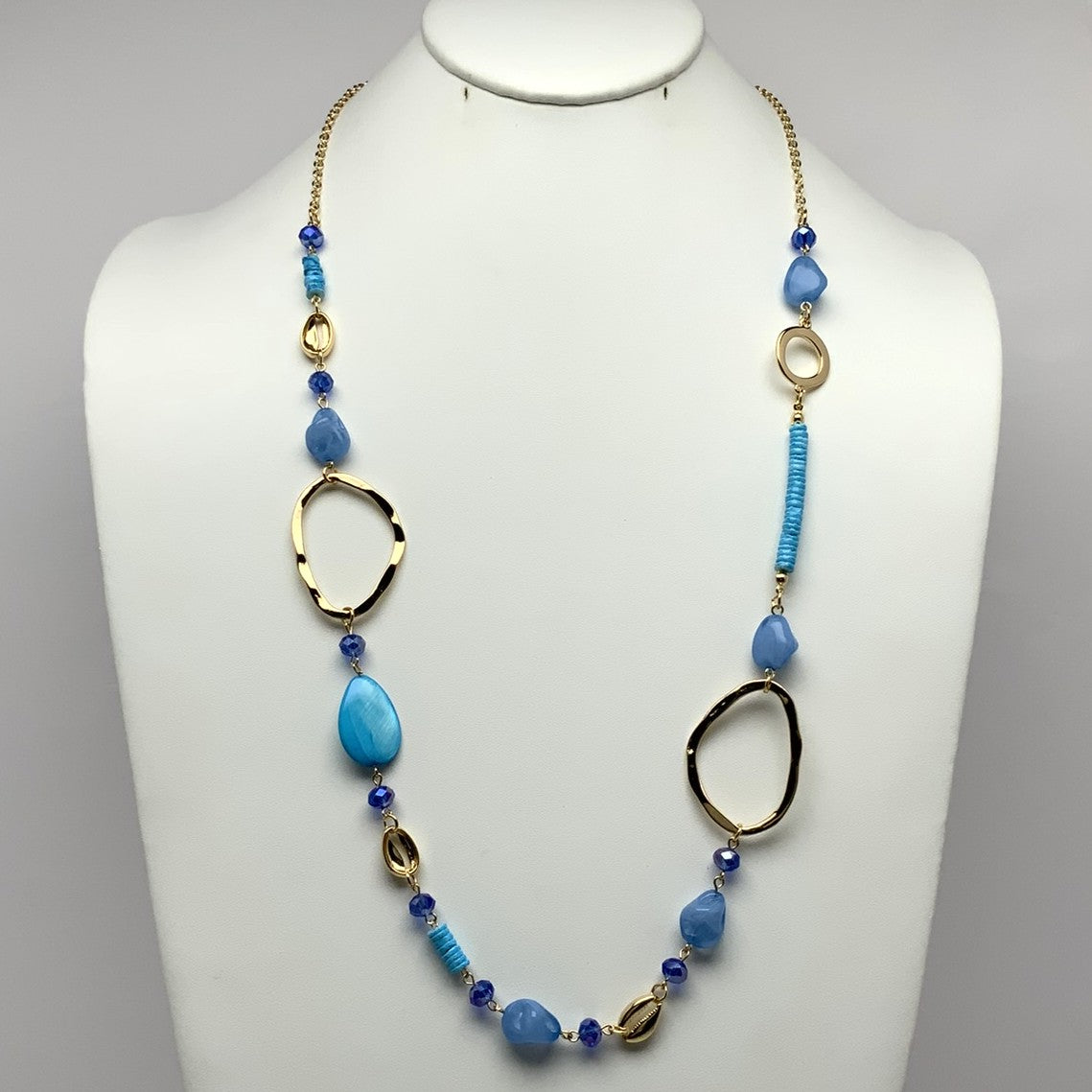 Long Flat Bead Stone Crystal Necklace