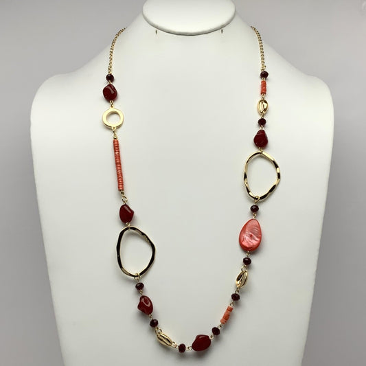 Long Flat Bead Stone Crystal Necklace