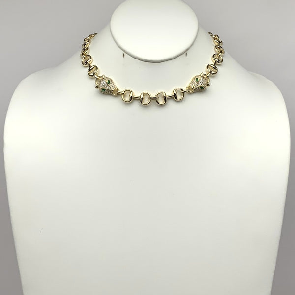 Cubic Zirconia Panther Heads Chain Necklace