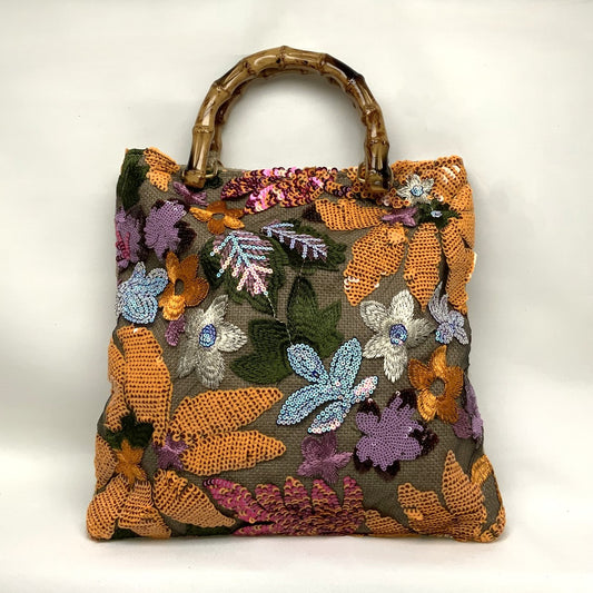 Flower Pattern Sequins with Lucite Bamboo Handle Tote Handbag