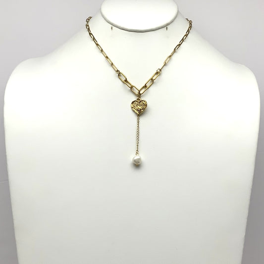 Hammered Heart Pearl Necklace