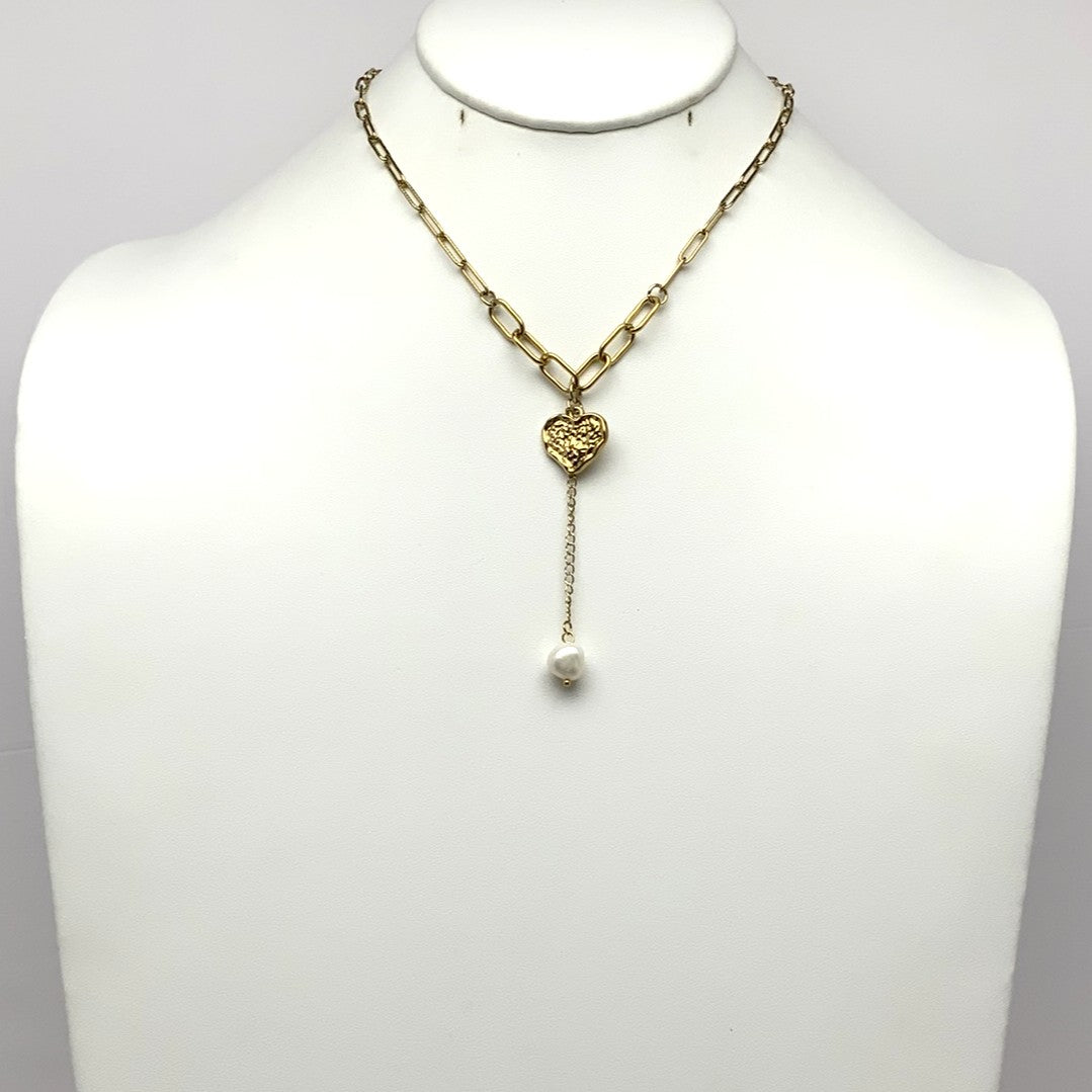 Hammered Heart Pearl Necklace