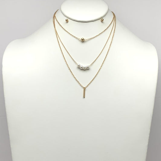 Layered Pearl Metal Pendant Necklace Set