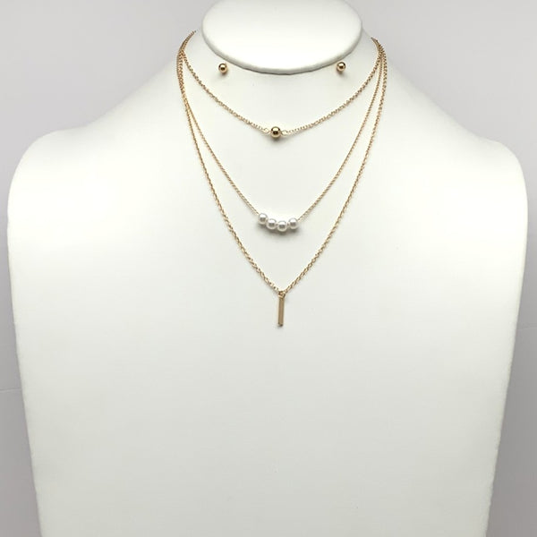 Layered Pearl Metal Pendant Necklace Set