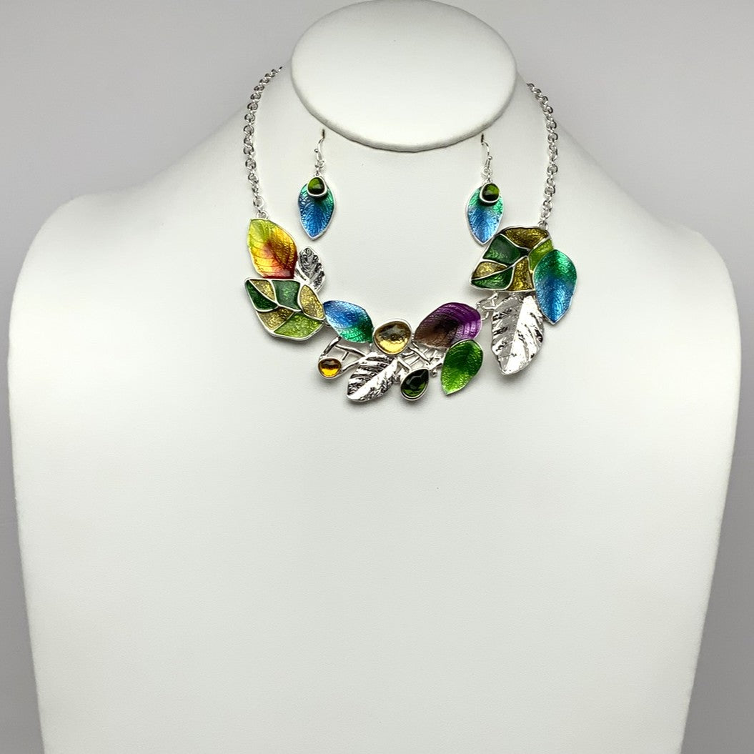 Enamel Leaf Bib Style Necklace Set