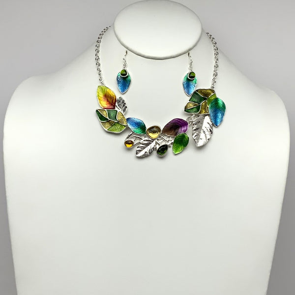 Enamel Leaf Bib Style Necklace Set