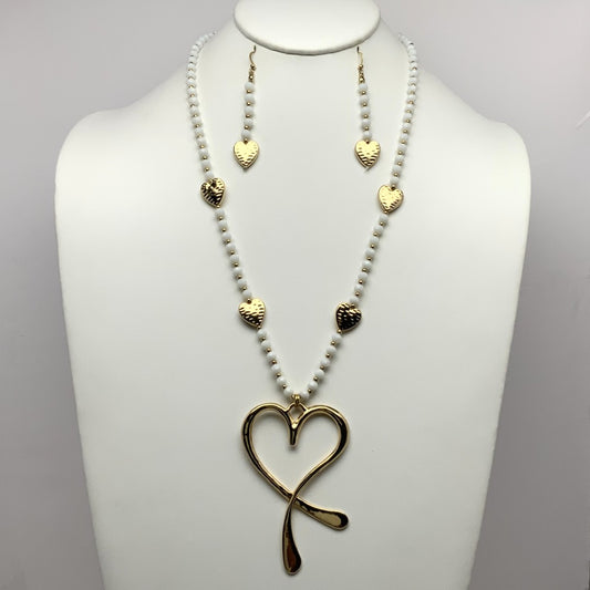 Long Crystal Bead Heart Drop Necklace Set