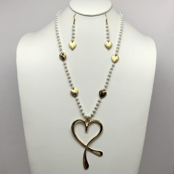 Long Crystal Bead Heart Drop Necklace Set