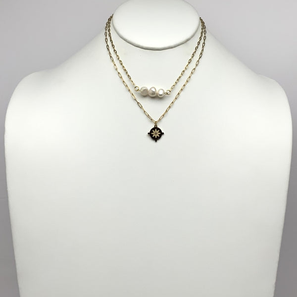 Layered Pearl Compass Pendant Necklace