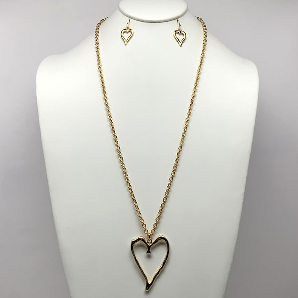 Rustic Heart Outline Pendant Chain Necklace Set
