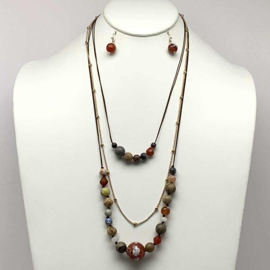 Layered Cord Stone Bead Necklace Set