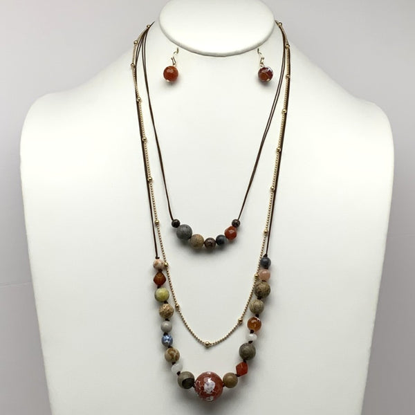Layered Cord Stone Bead Necklace Set