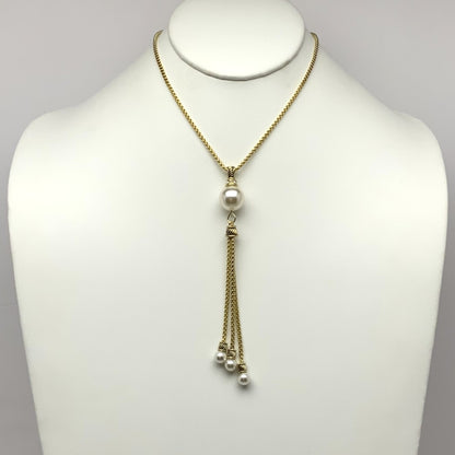 CZ Box Chain Pearl Drop Tassel Necklace