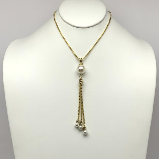 CZ Box Chain Pearl Drop Tassel Necklace