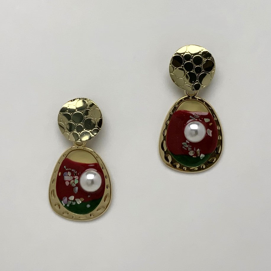 Textured Layered Enamel Pearl Earring