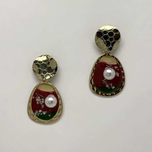 Textured Layered Enamel Pearl Earring