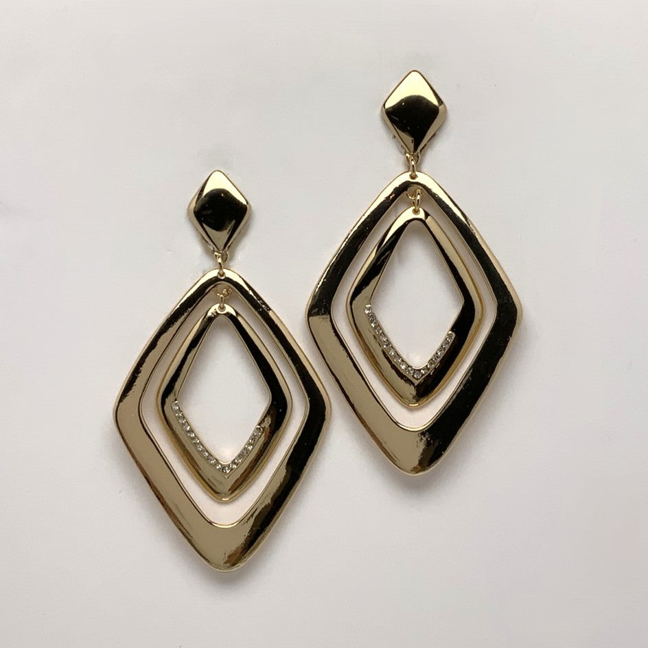 Layered Rhombus Crystal Clip Earrings