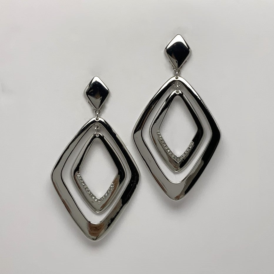 Layered Rhombus Crystal Clip Earrings