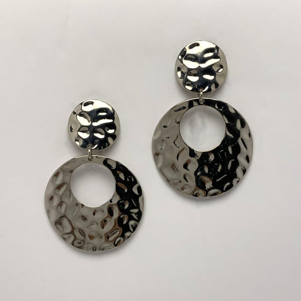 Hammered Circle Cut Drop Clip On Earrings