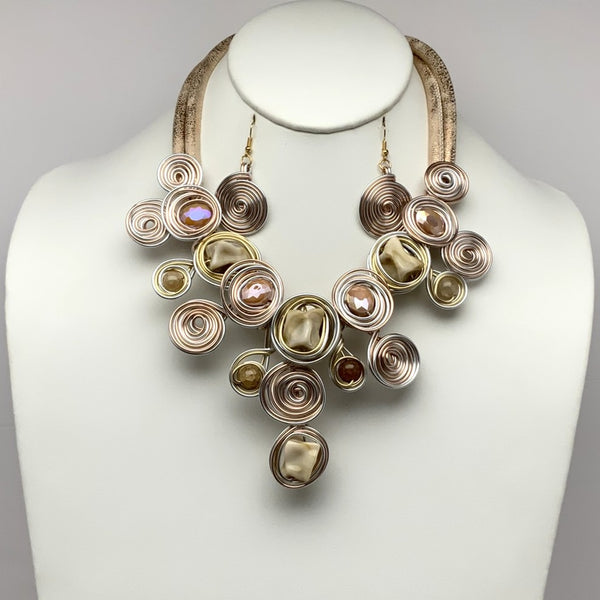 Cord Wire Spiral Crystal Stone Necklace Set